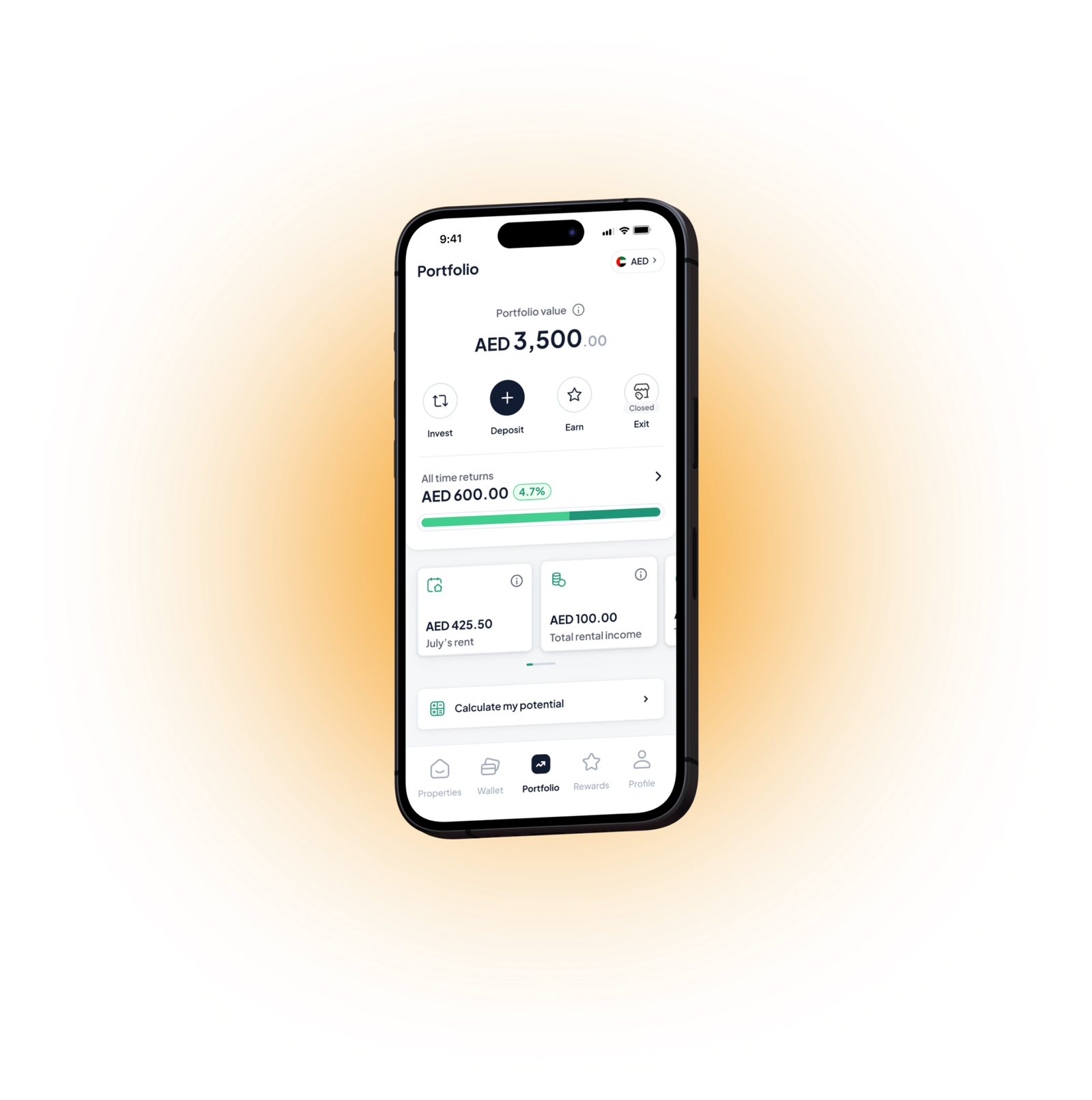 Stake Homes mobile app showing portfolio growth